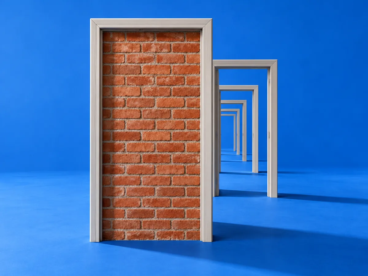 A corridor of open doorways with the first one bricked shut, showing how crawl friction stops AI crawlers at the entry point.
