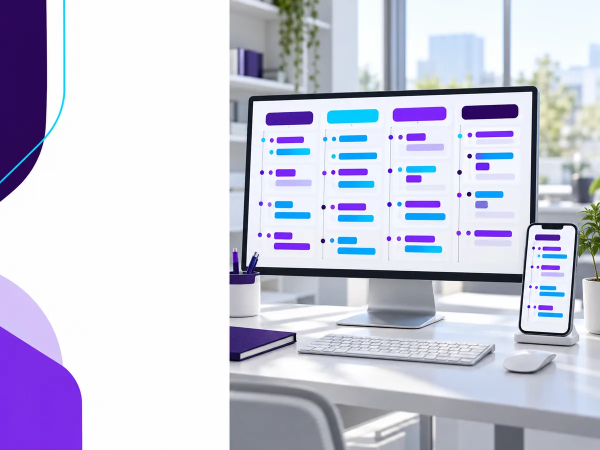 A desk monitor and phone show live recruiter activity as color bars and status dots, with no readable metrics or names.