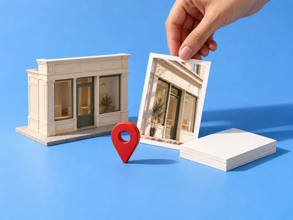 Hand refreshing a model storefront with photo, map pin, and review cards, showing active local listing upkeep.