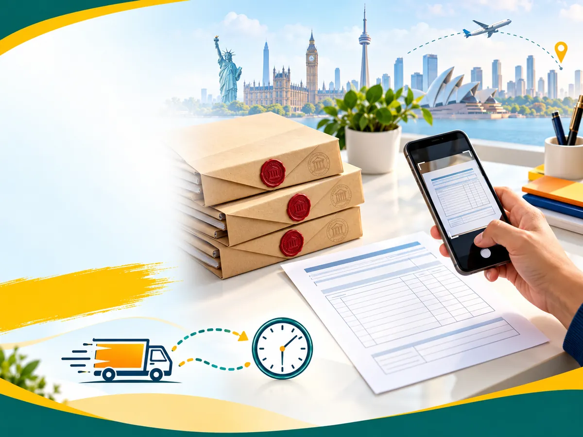 Sealed transcript envelopes and a hand scanning a mark sheet, showing early transcript requests avoid delays