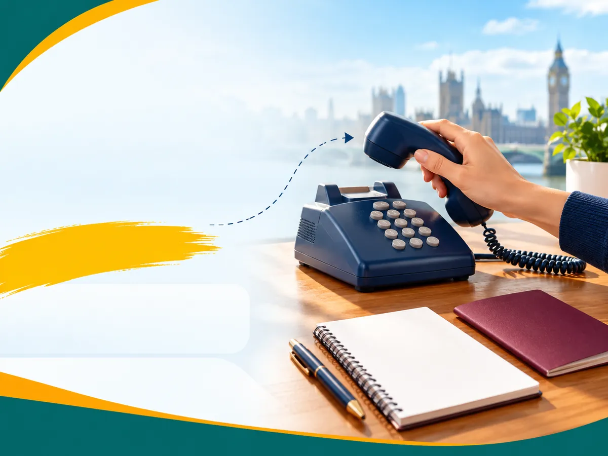 A hand picking up a desk phone beside a passport and notepad, showing the immediate step of contacting the university about a