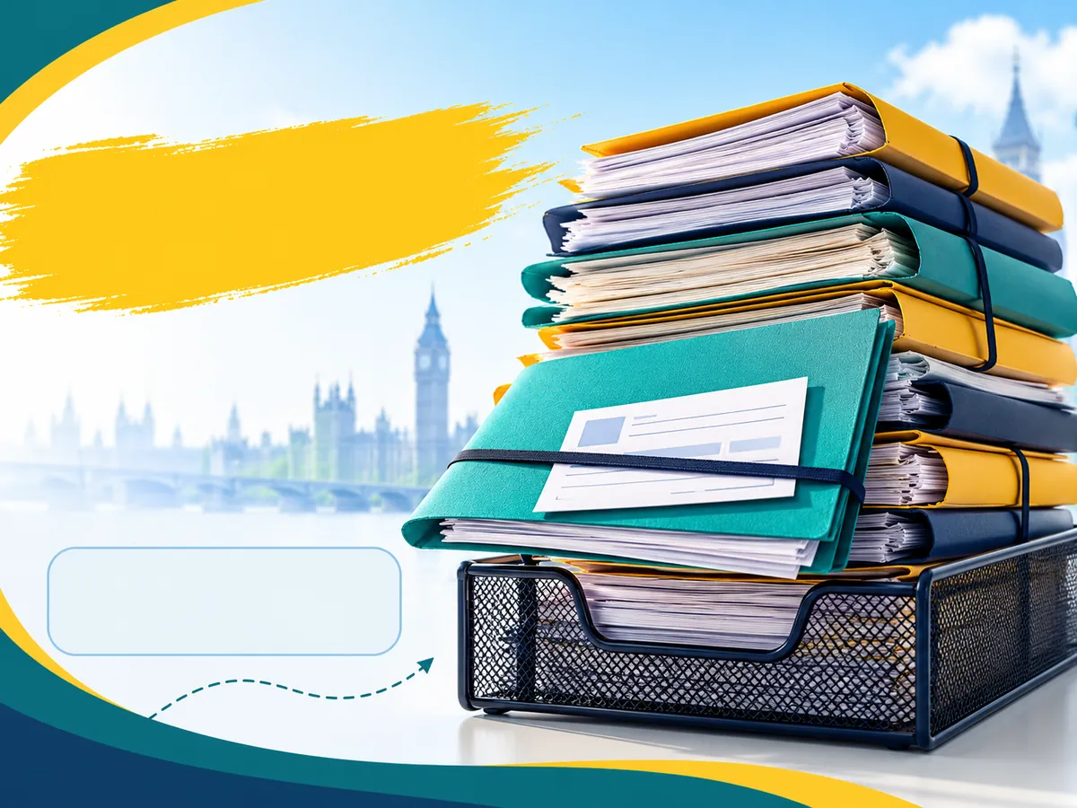 An overflowing admissions inbox tray with folders and a remittance slip, showing the backlogs and payment issues that delay C